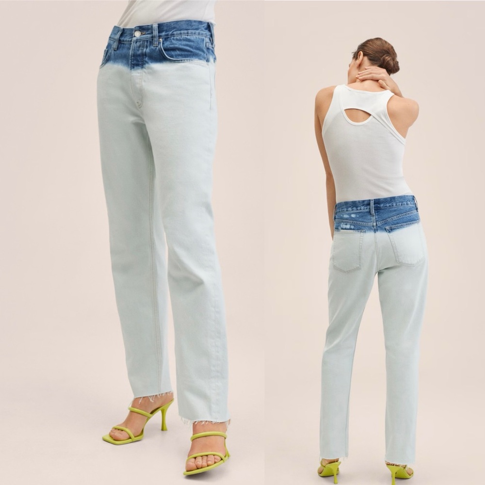 MNG Mango Women's Straight Cropped High Waist Tie Dyed Button Up Jeans 34